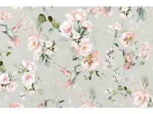 Plátno bavlněné šedé Kolibříci na růži