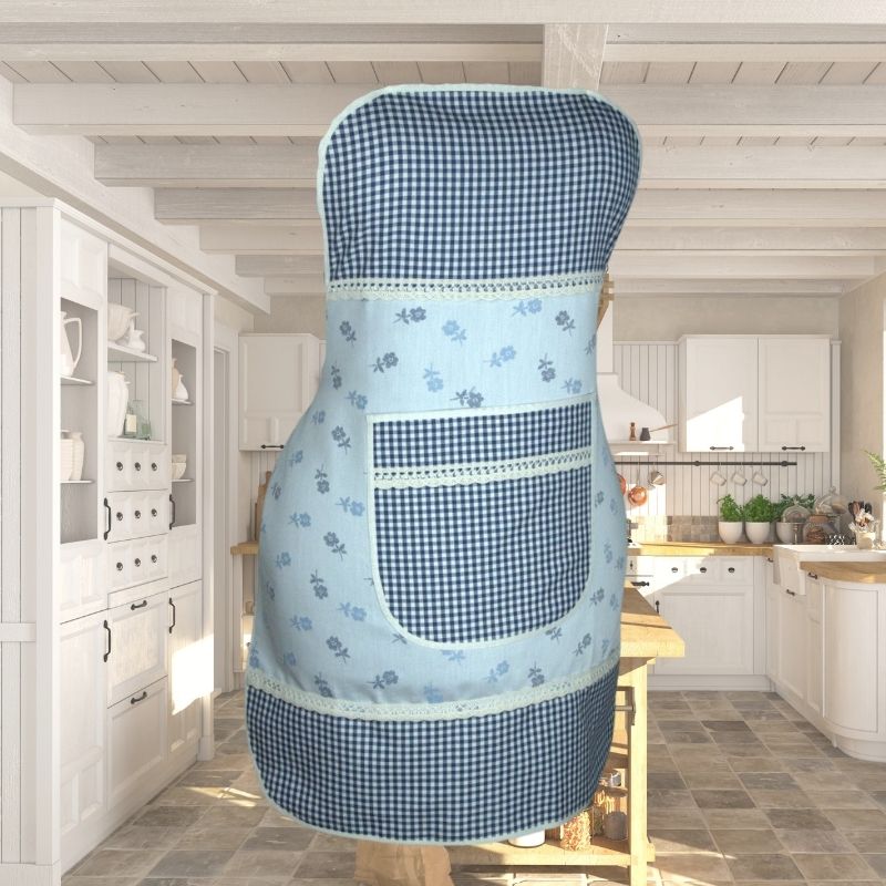 Zástěra pro ženy modrá kostička s kytičkou