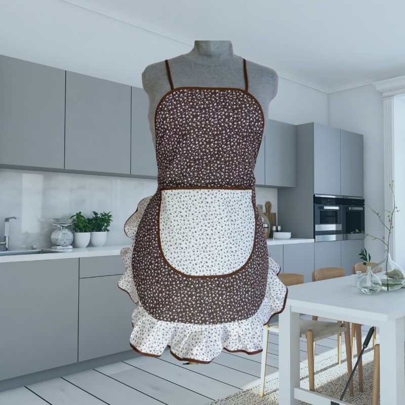 Zástěra Retro hnědá s bílou kytičkou
