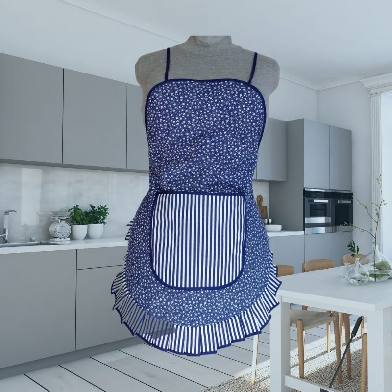 Zástěra Retro tmavě modrá s bílou kytičkou