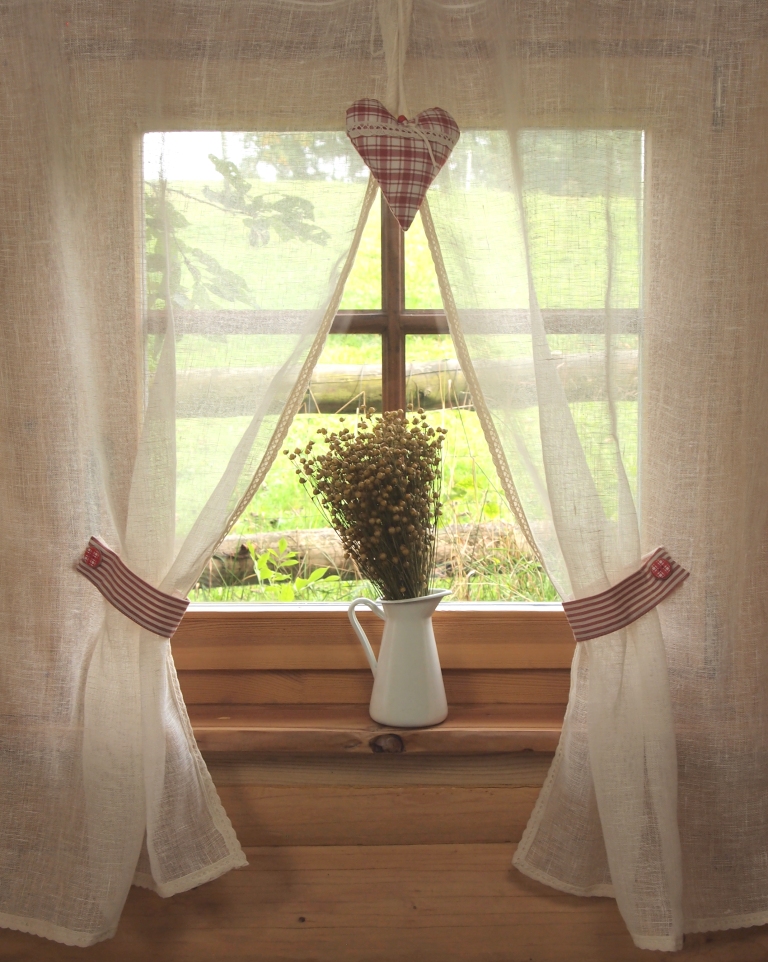 Záclona lněná, režná dvoudílná