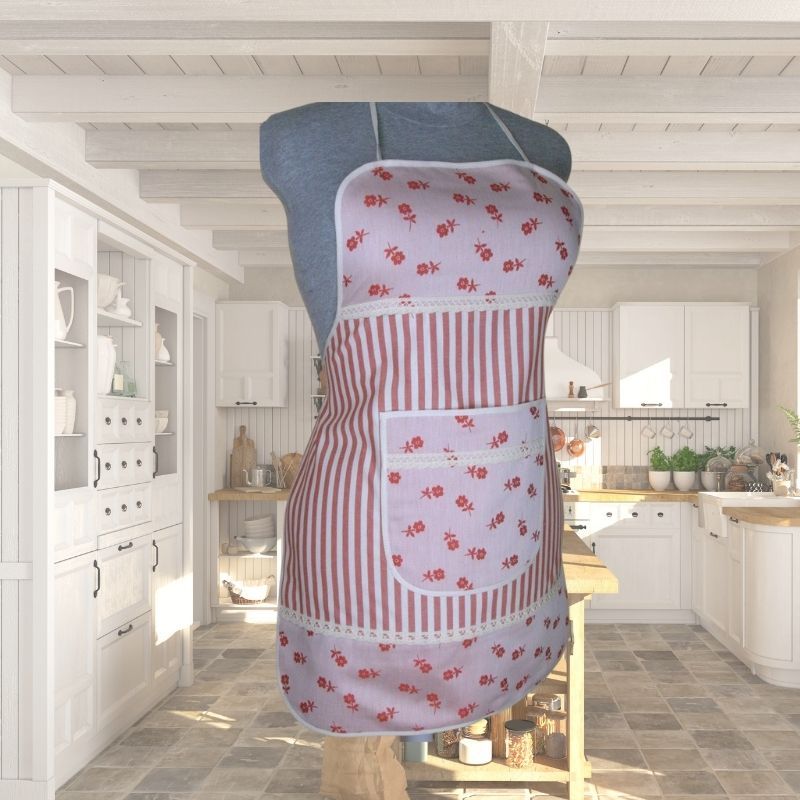 Zástěra pro ženy červený proužek s kytičkou