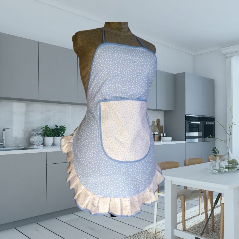 Zástěra Retro světle modrá s bílou kytičkou