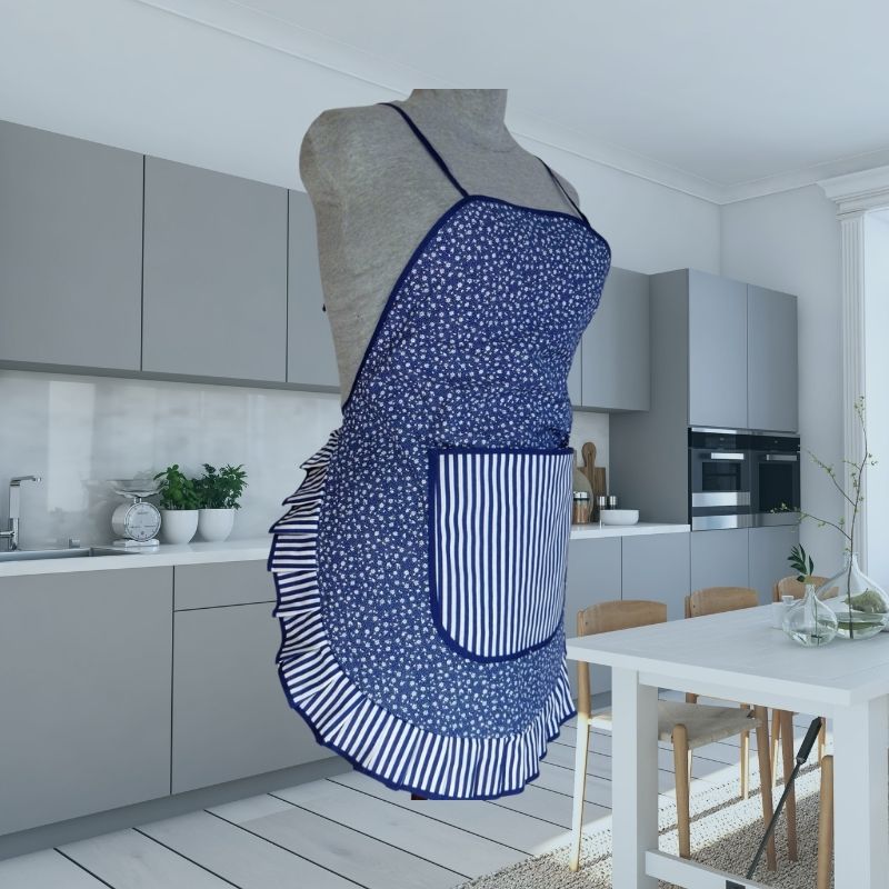 Zástěra Retro tmavě modrá s bílou kytičkou