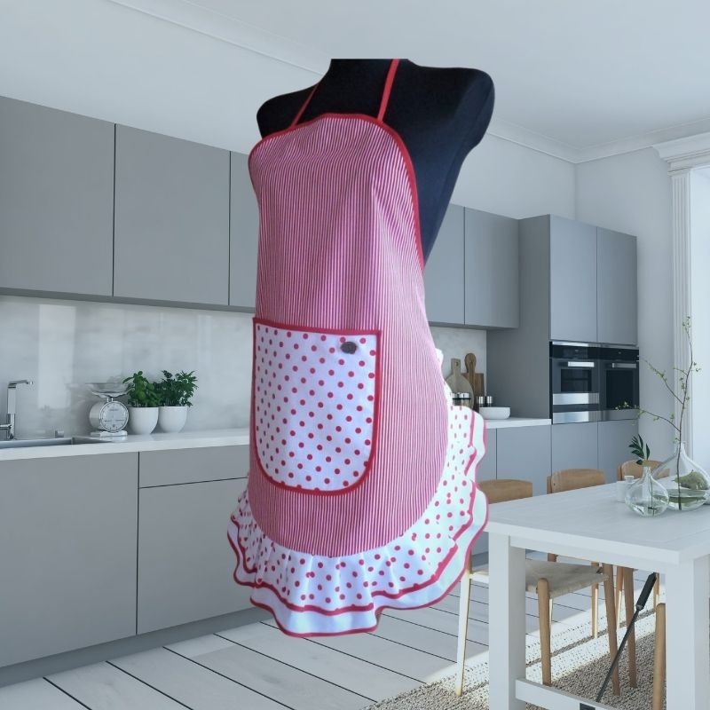 Zástěra Retro červený proužek s puntíkem